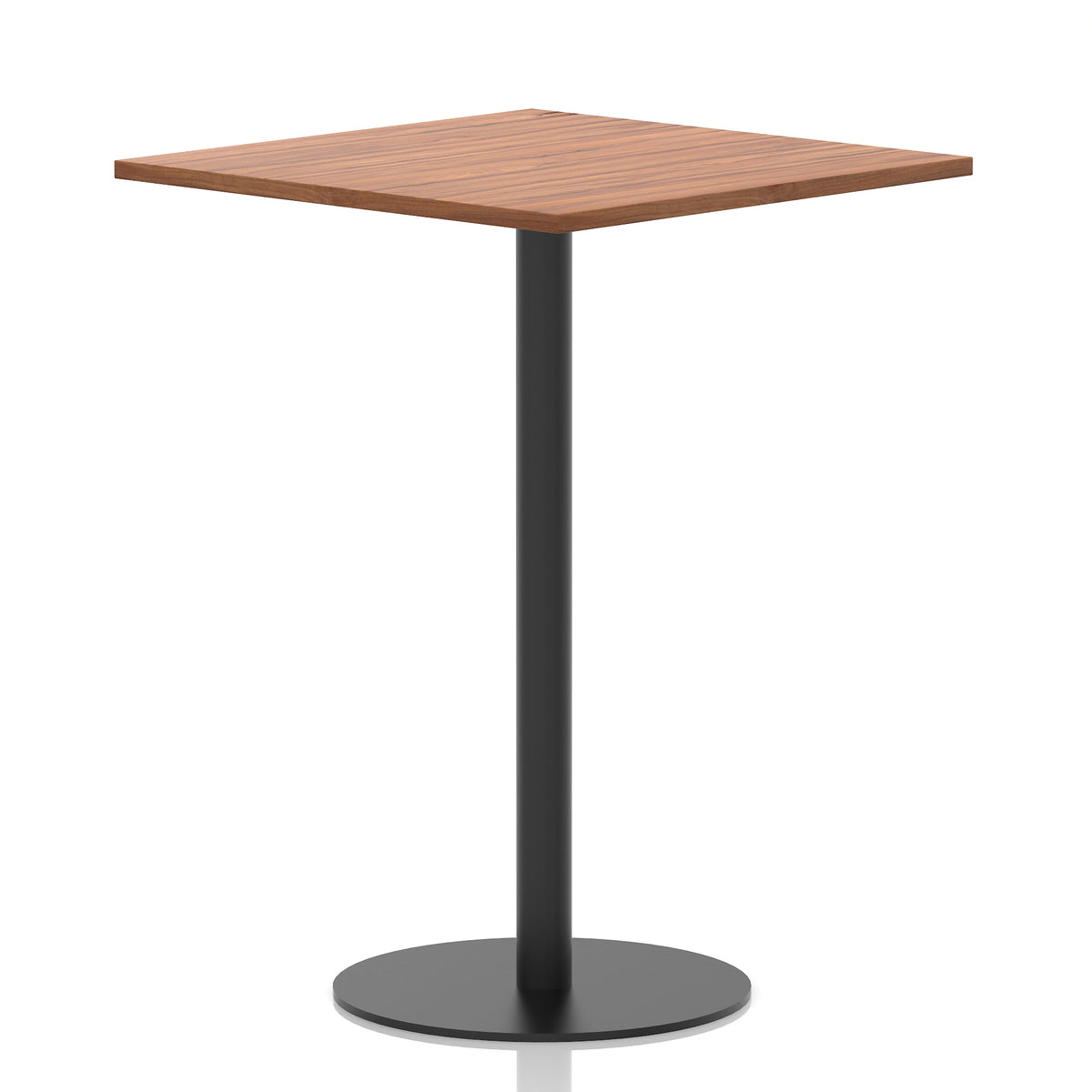 Square table with a wood-effect top and black cylindrical base on a white background