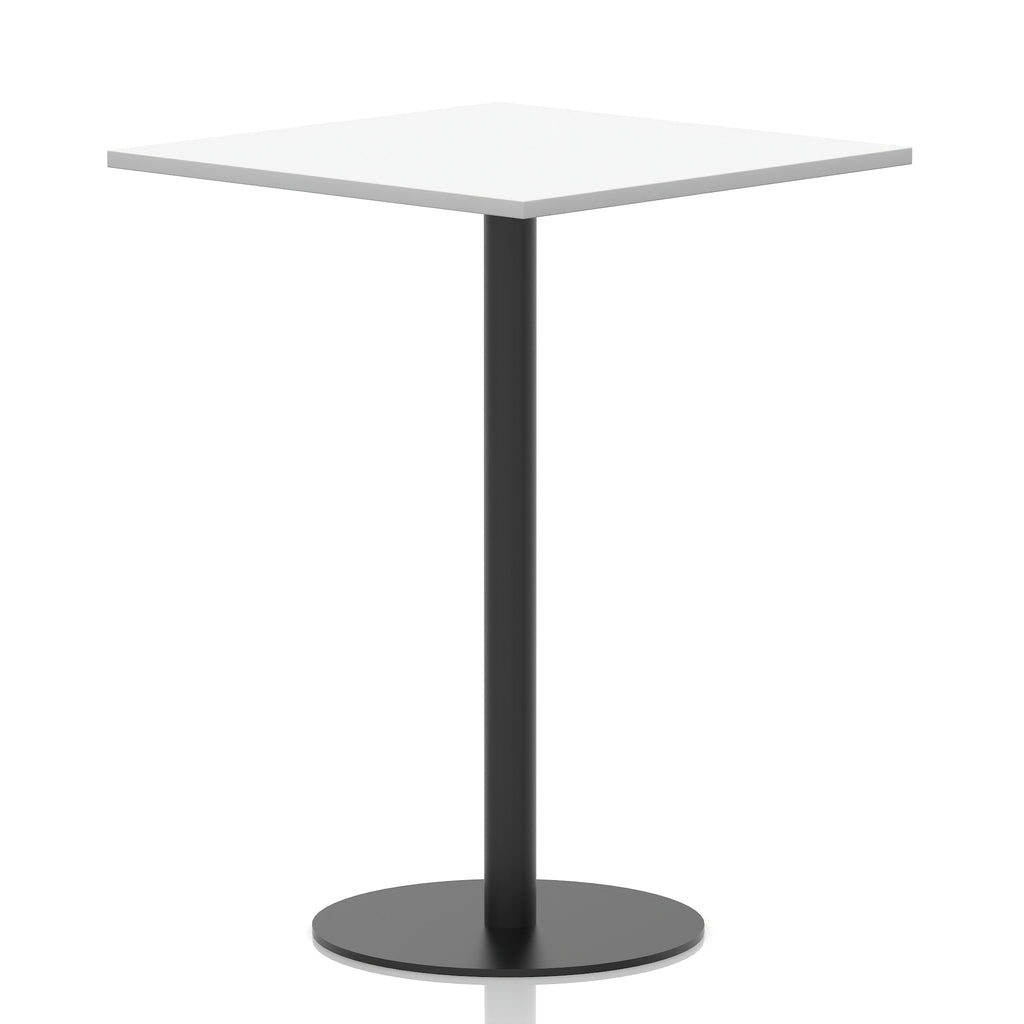 Square table with a white top and black cylindrical base on a white background