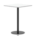 Square table with a white top and black cylindrical base on a white background