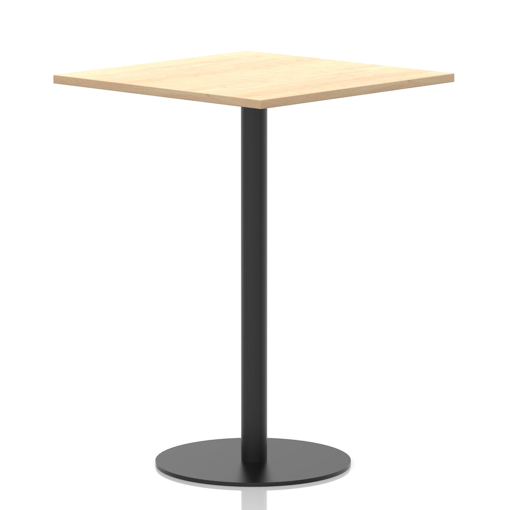 Square table with a wood-effect top and black cylindrical base on a white background
