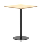 Square table with a wood-effect top and black cylindrical base on a white background