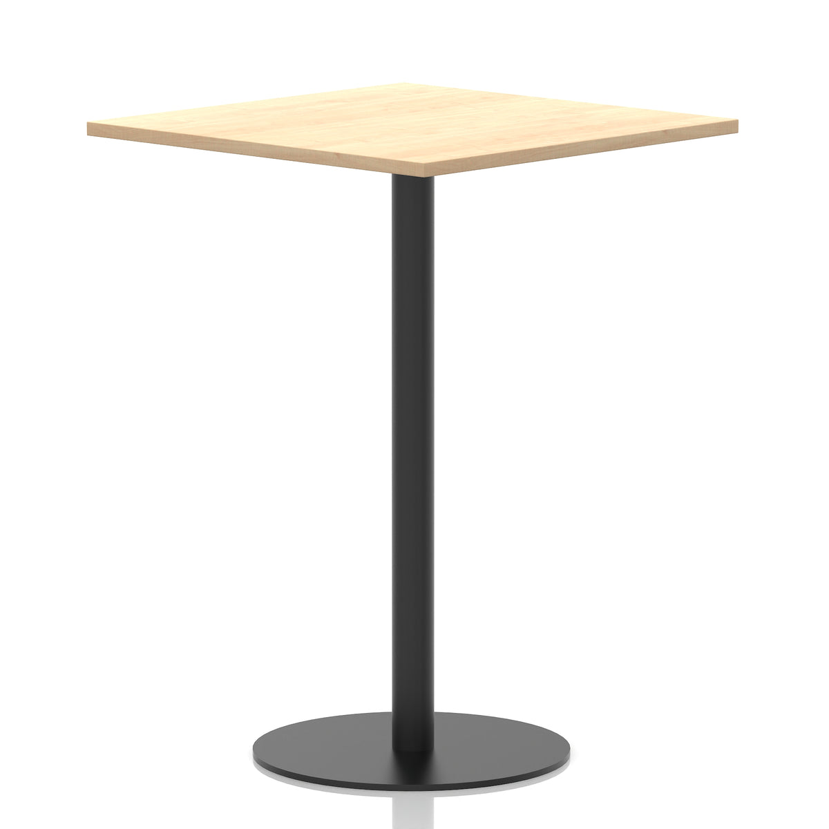Square table with a wood-effect top and black cylindrical base on a white background