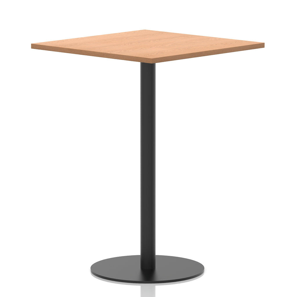 Square table with a wood-effect top and black cylindrical base on a white background