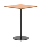 Square table with a wood-effect top and black cylindrical base on a white background