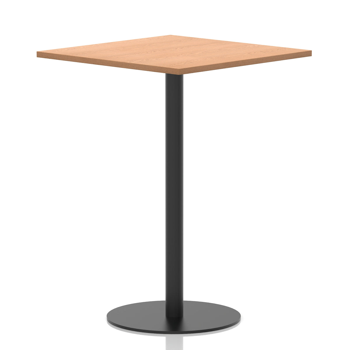 Square table with a wood-effect top and black cylindrical base on a white background