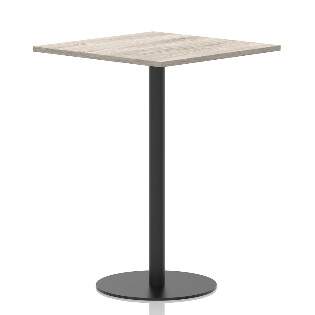 Square table with a grey wood-effect top and black cylindrical base on a white background