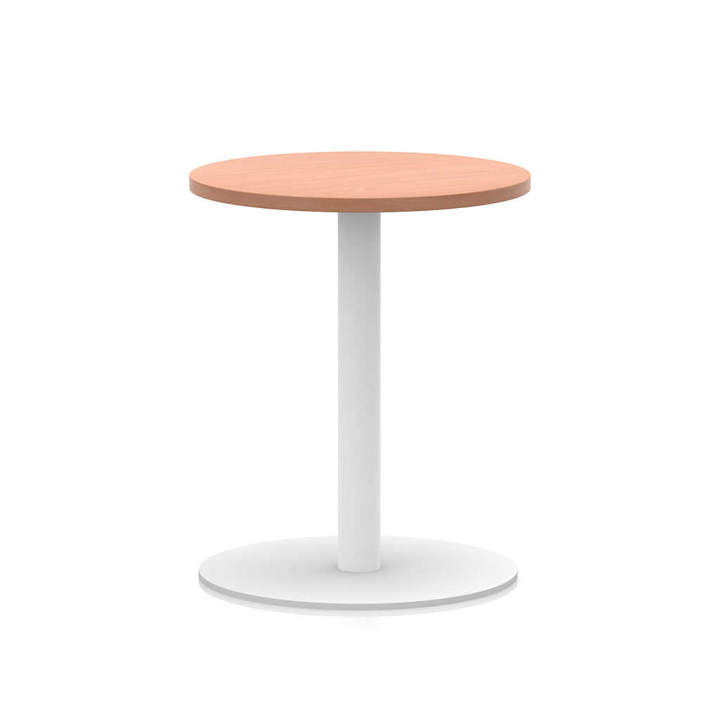 Round table with wood-effect top and white base on a white background