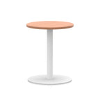 Round table with wood-effect top and white base on a white background
