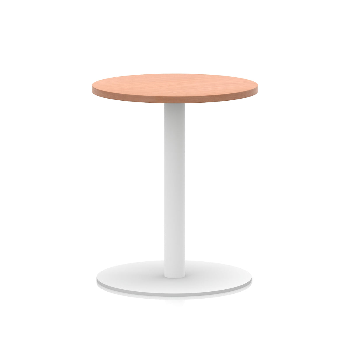 Round table with wood-effect top and white base on a white background