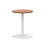 Round table with wood-effect top and white base on a white background
