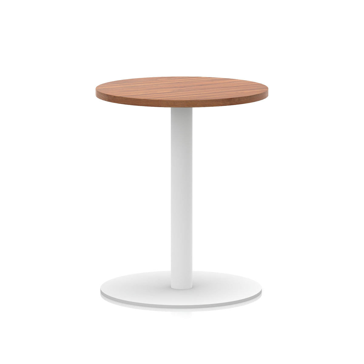 Round table with wood-effect top and white base on a white background