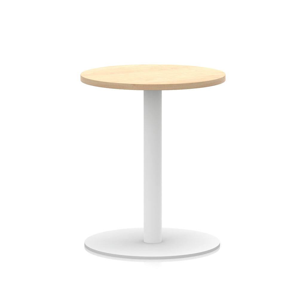 Round table with wood-effect top and white base on a white background