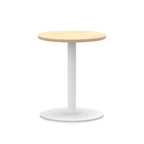 Round table with wood-effect top and white base on a white background