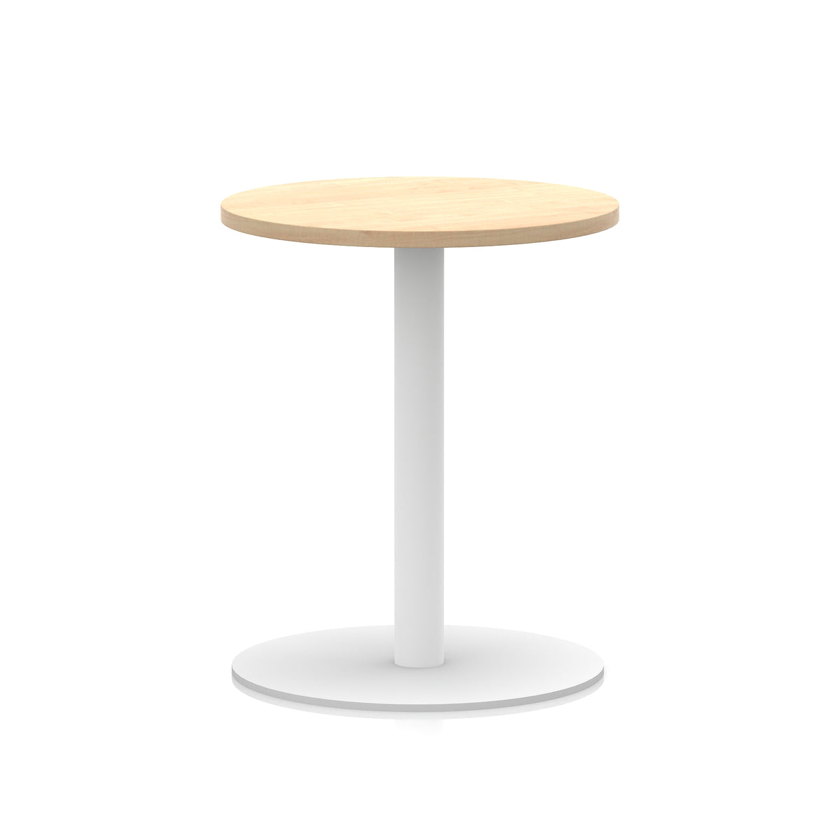 Round table with wood-effect top and white base on a white background