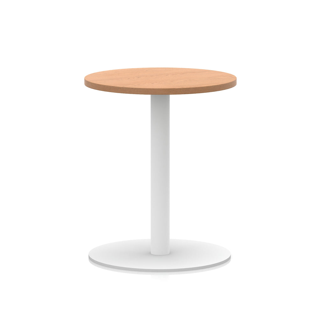 Round table with wood-effect top and white base on a white background