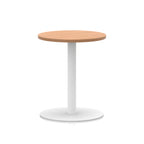 Round table with wood-effect top and white base on a white background