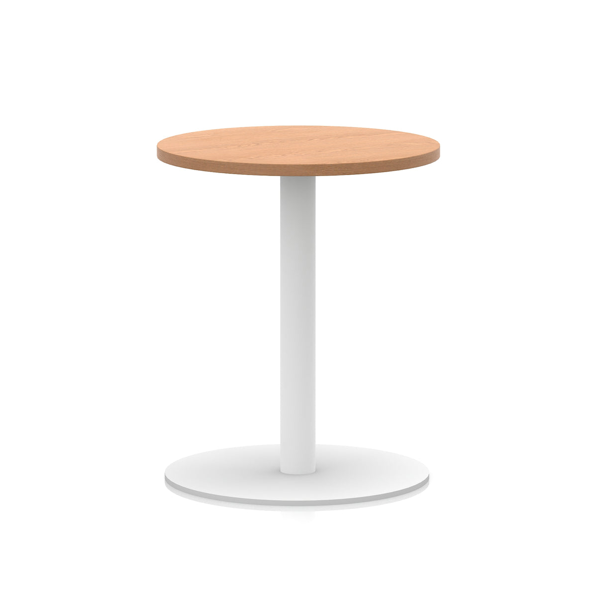 Round table with wood-effect top and white base on a white background