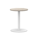 Round table with wood-effect top and white base on a white background