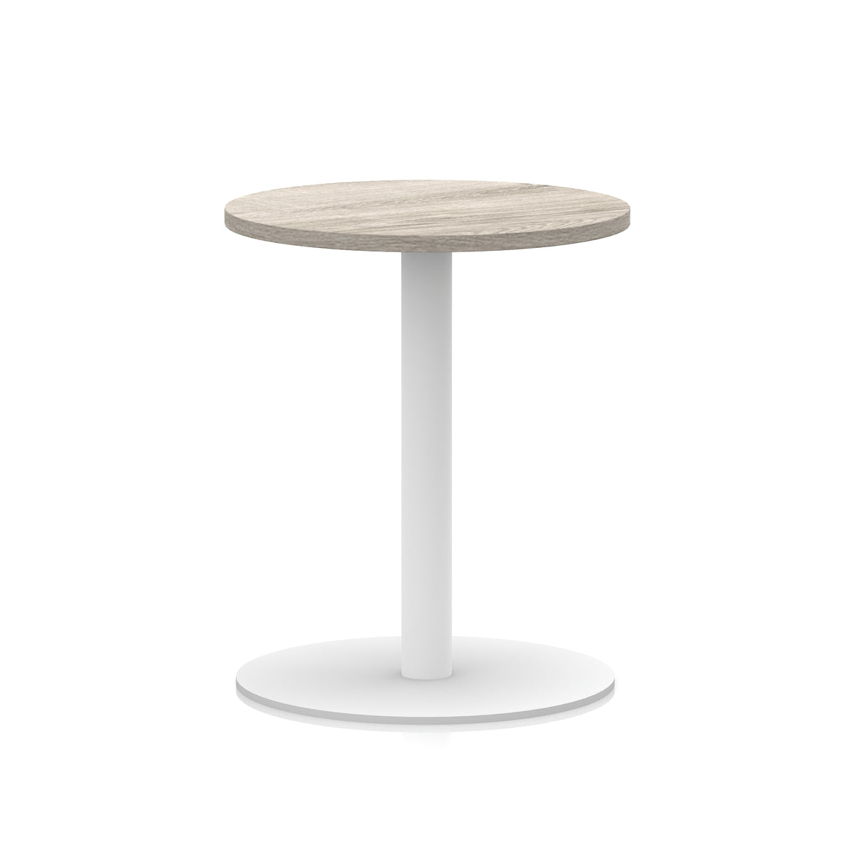 Round table with wood-effect top and white base on a white background