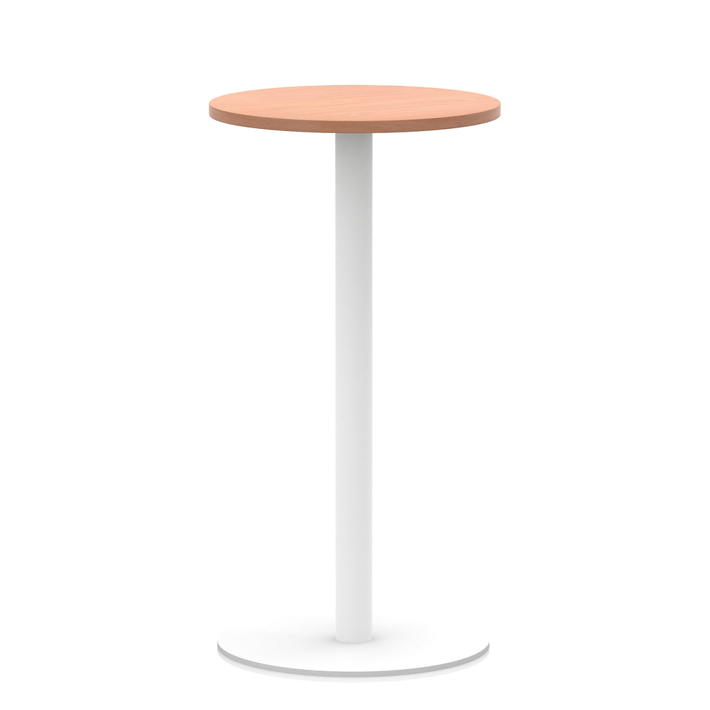 Round high table with wood-effect top and white base on a white background