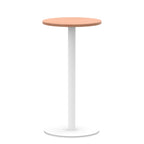 Round high table with wood-effect top and white base on a white background