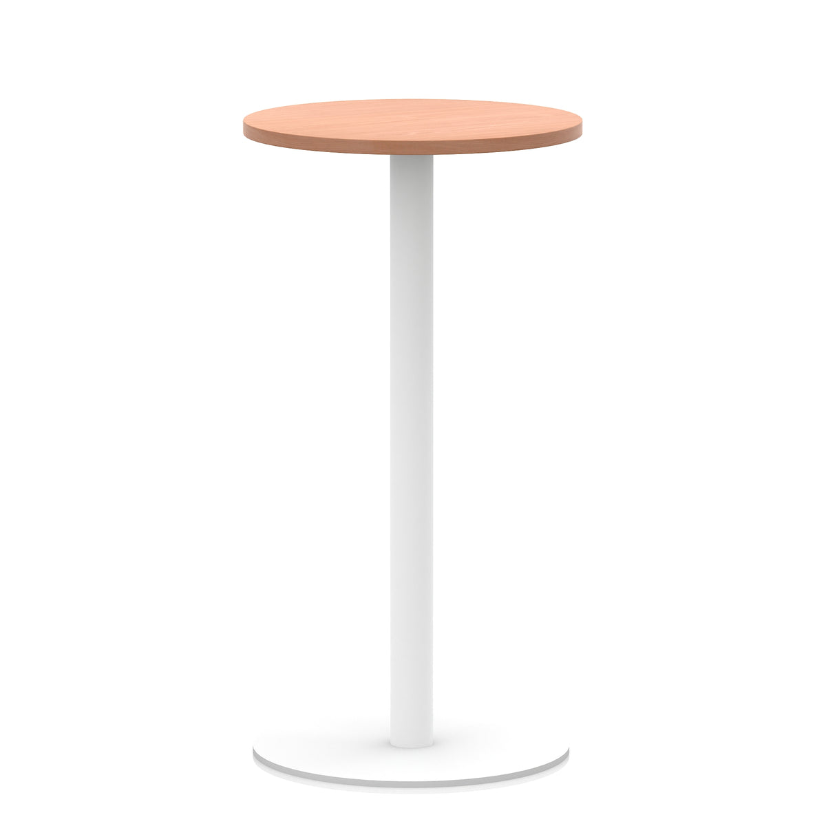 Round high table with wood-effect top and white base on a white background