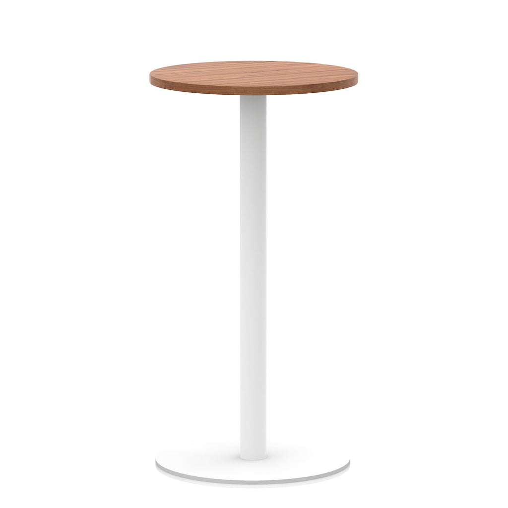 Round high table with wood-effect top and white base on a white background