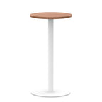Round high table with wood-effect top and white base on a white background