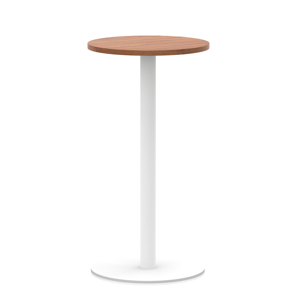 Round high table with wood-effect top and white base on a white background