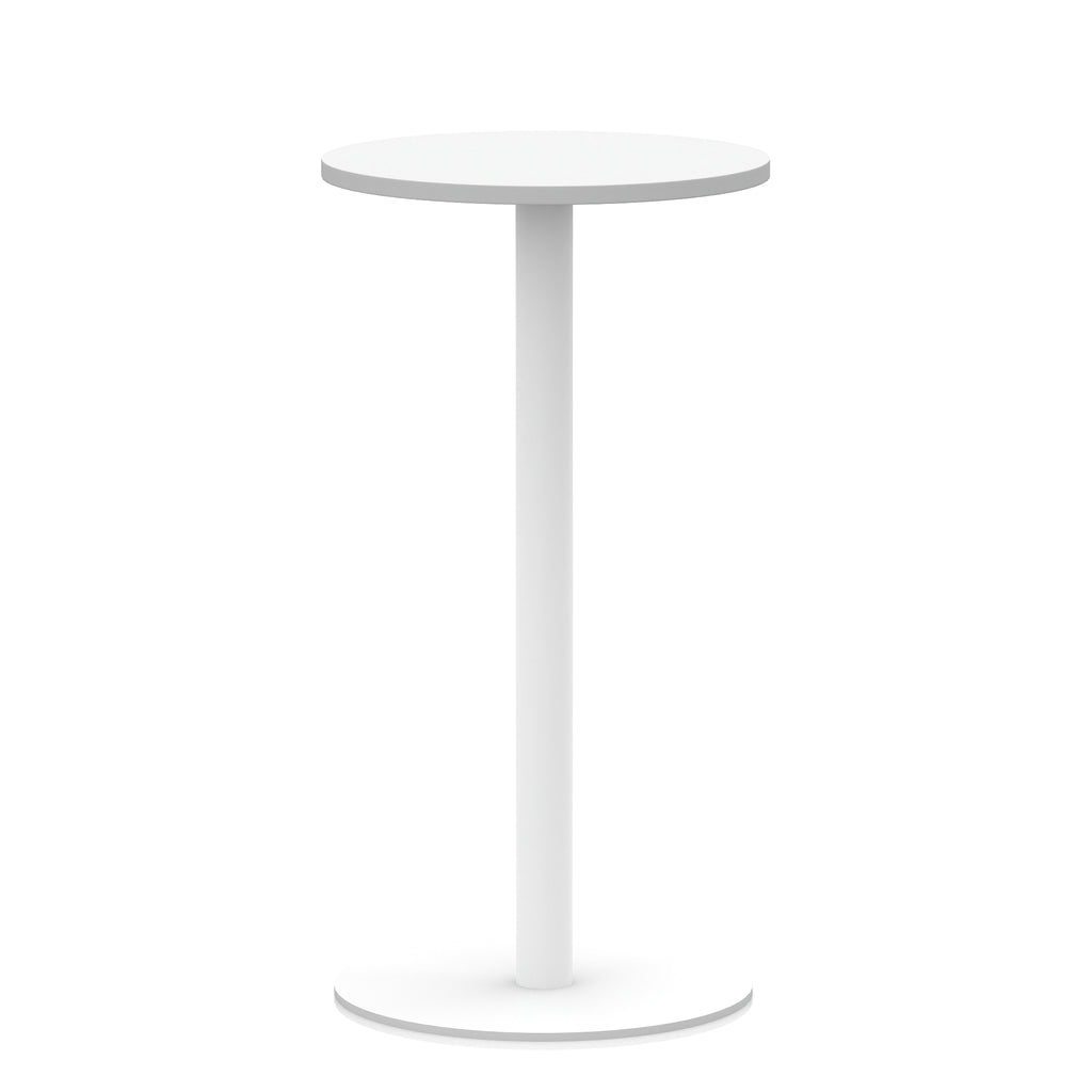 White high table with a round top, a single central pedestal leg, and a circular base, shown on a white background.