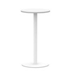 White high table with a round top, a single central pedestal leg, and a circular base, shown on a white background.