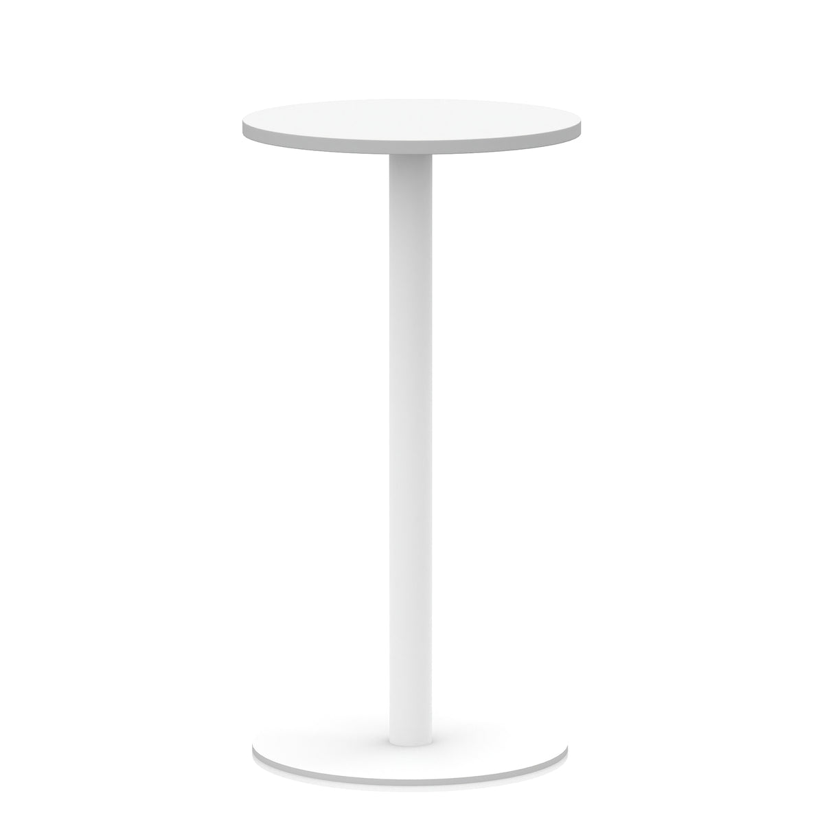 White high table with a round top, a single central pedestal leg, and a circular base, shown on a white background.