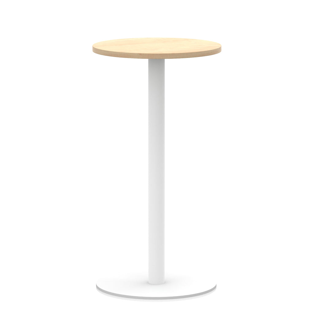 Round high table with wood-effect top and white base on a white background