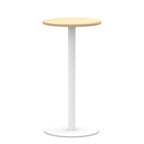 Round high table with wood-effect top and white base on a white background