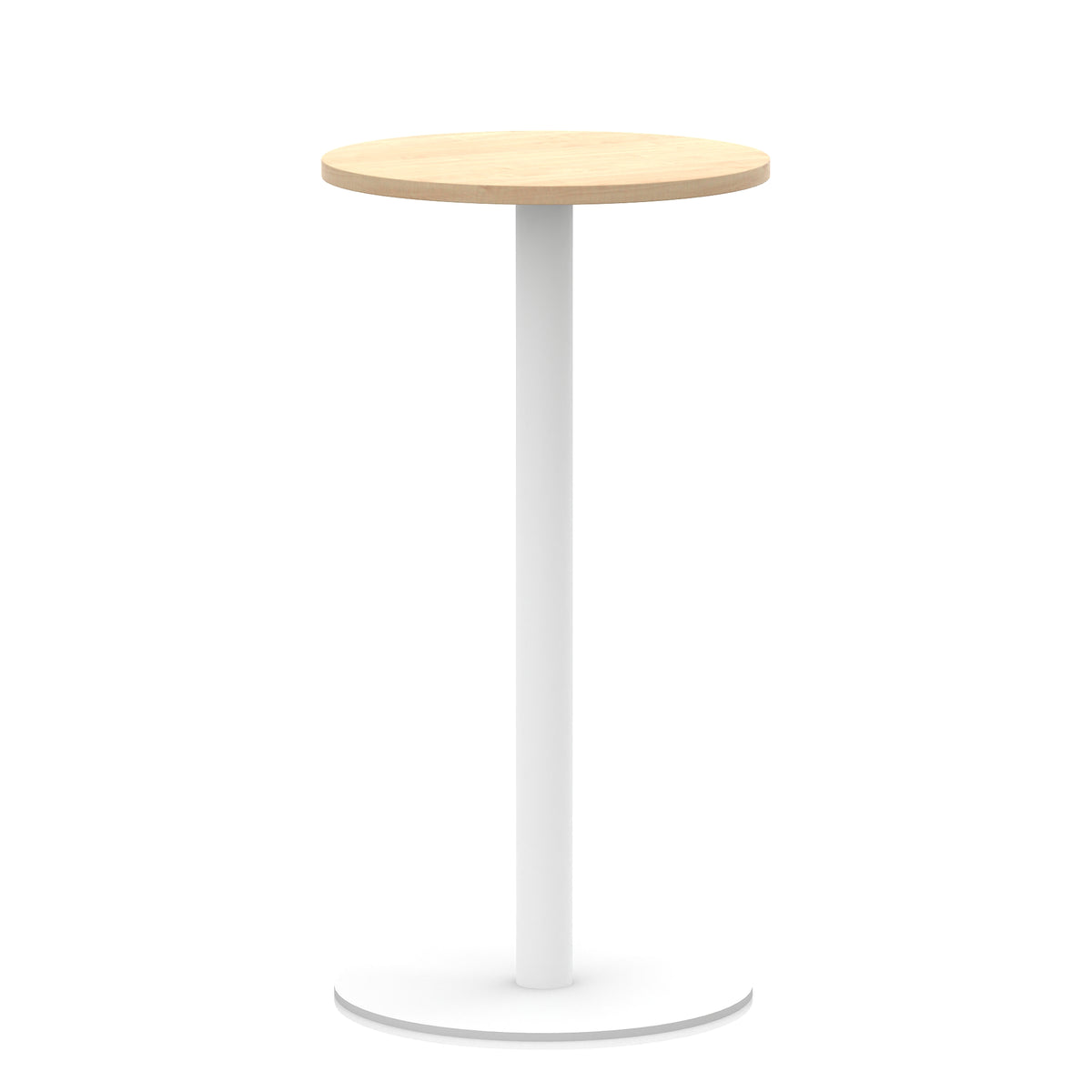 Round high table with wood-effect top and white base on a white background