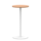 Round high table with wood-effect top and white base on a white background