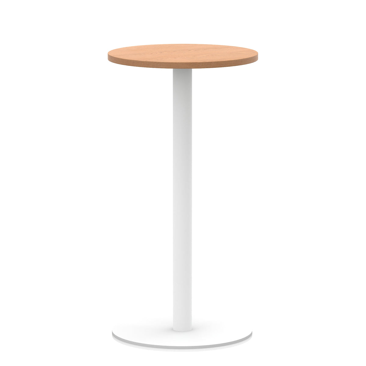 Round high table with wood-effect top and white base on a white background