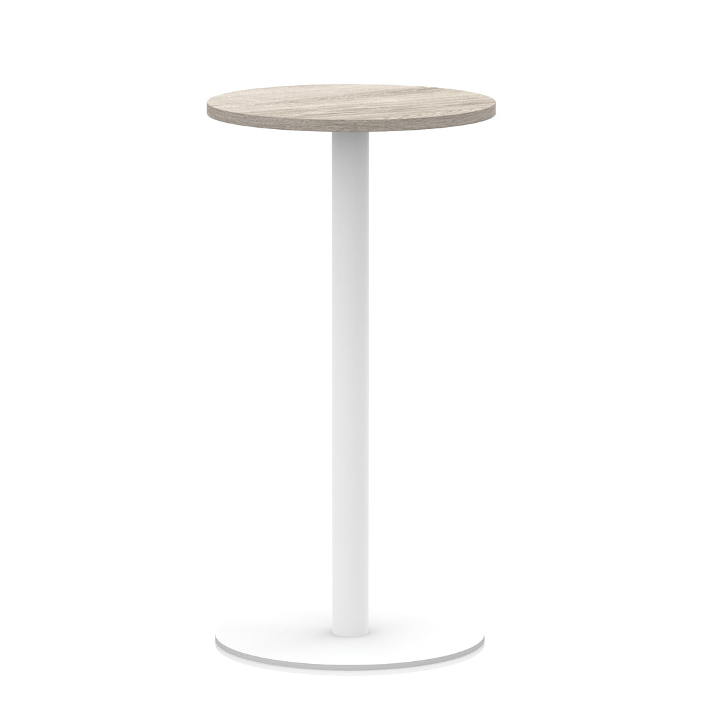 Round high table with wood-effect top and white base on a white background