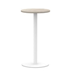Round high table with wood-effect top and white base on a white background