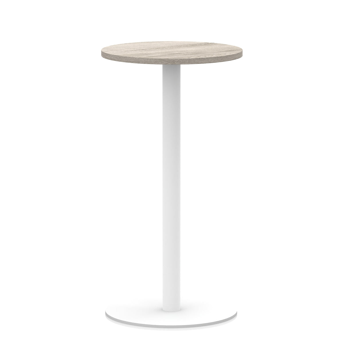 Round high table with wood-effect top and white base on a white background