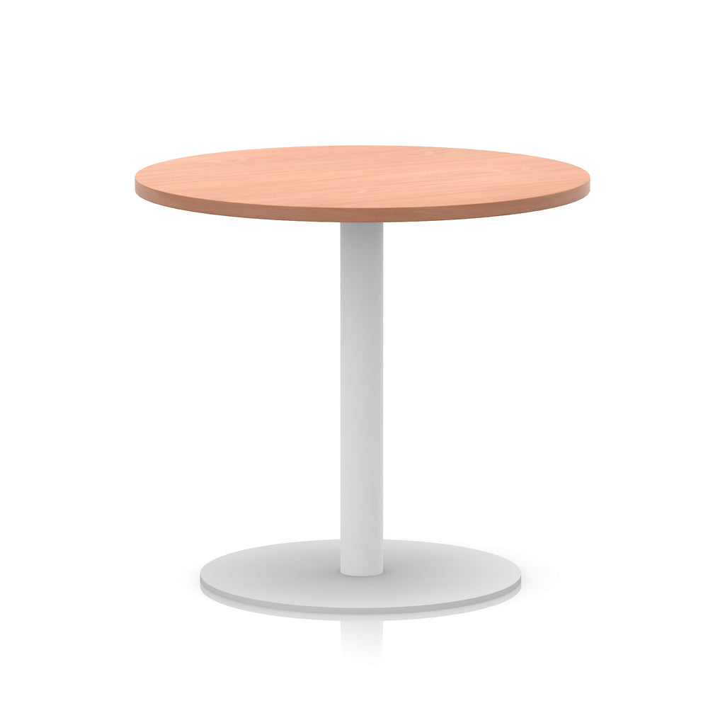 Round table with wood-effect top and white base on a white background