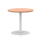 Round table with wood-effect top and white base on a white background
