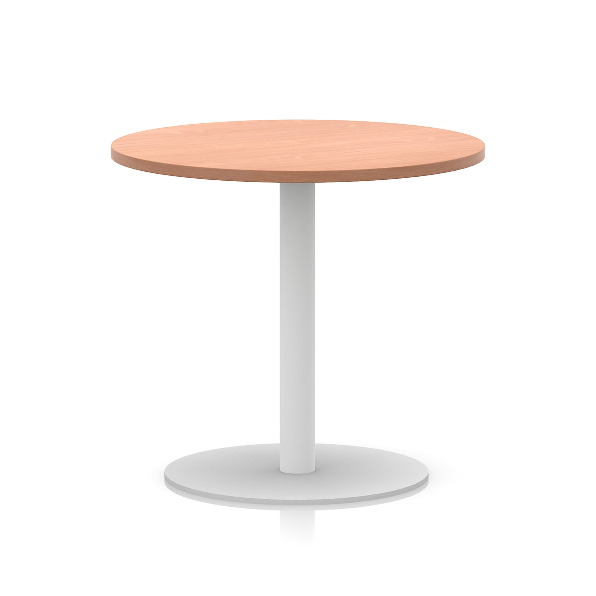 Round table with wood-effect top and white base on a white background