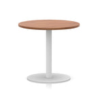 Round table with wood-effect top and white base on a white background