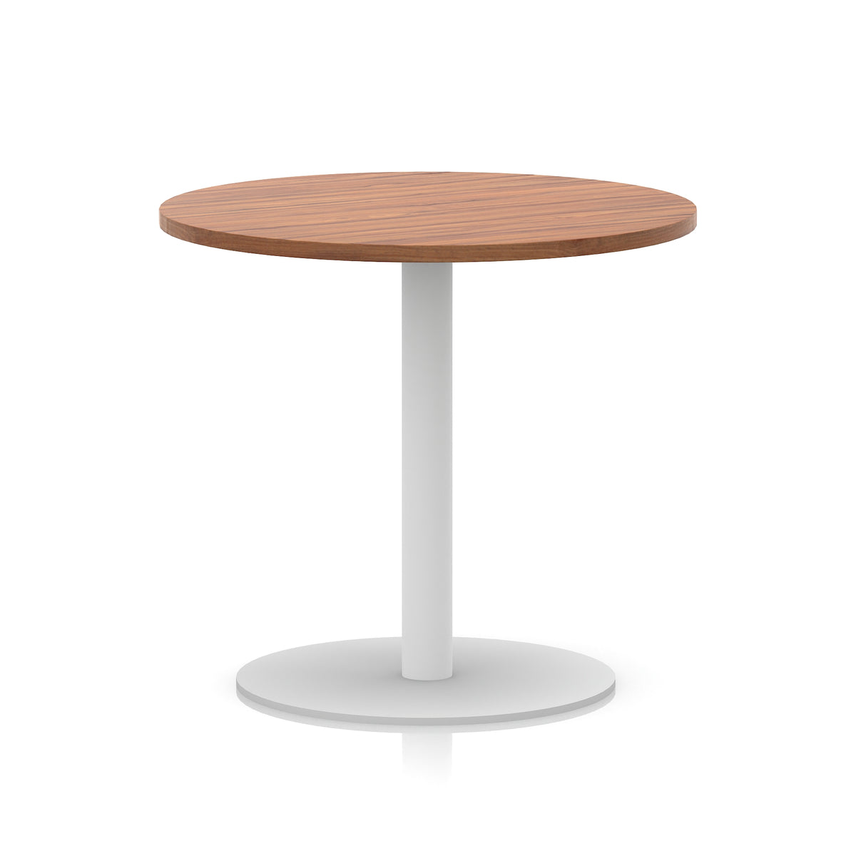 Round table with wood-effect top and white base on a white background