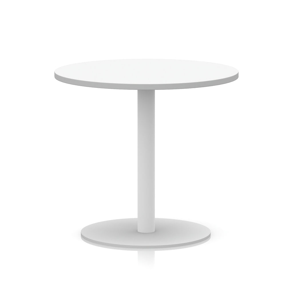 White round table with metal base on a white background