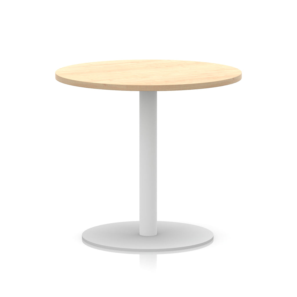 Round table with wood-effect top and white base on a white background