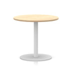 Round table with wood-effect top and white base on a white background