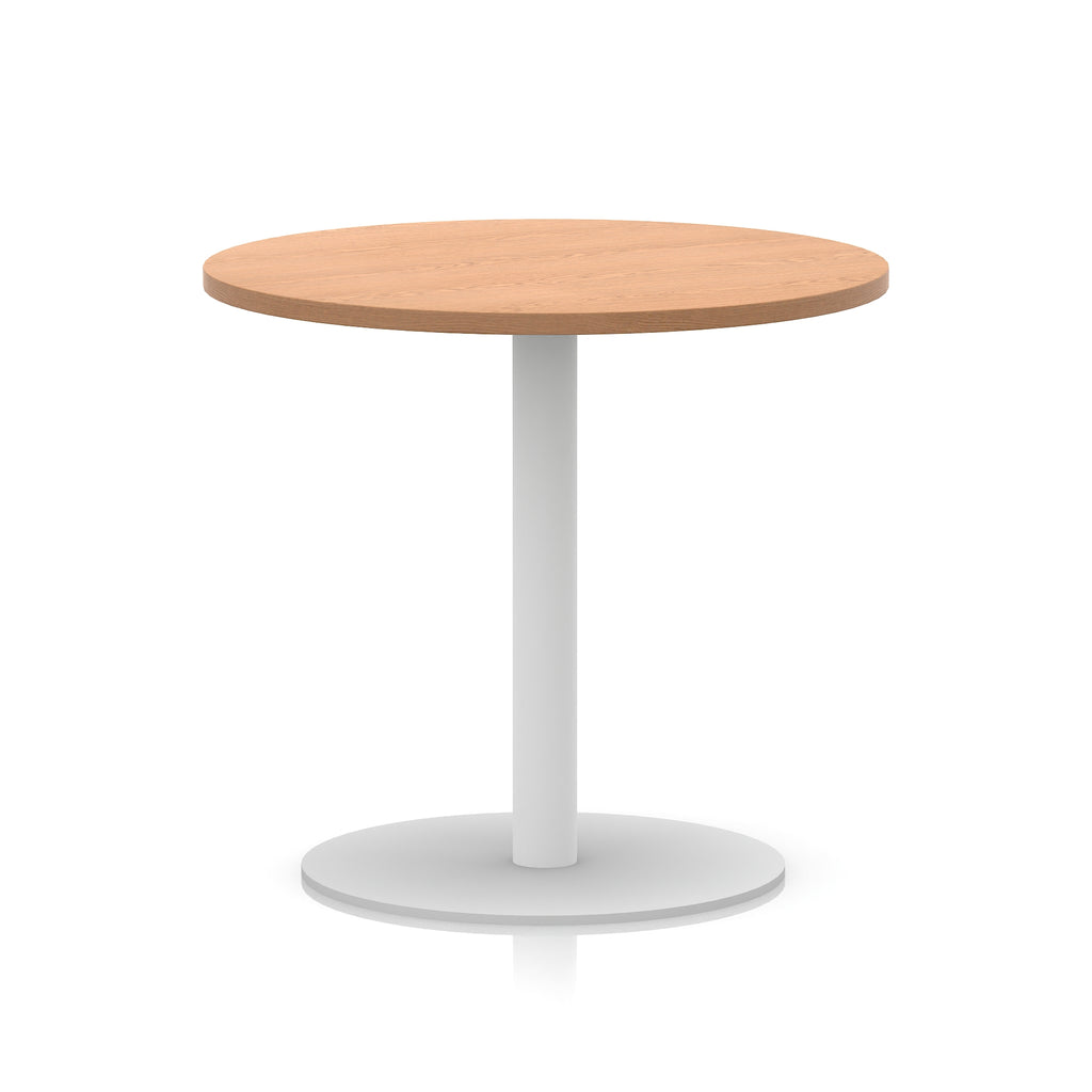 Round table with wood-effect top and white base on a white background