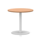 Round table with wood-effect top and white base on a white background